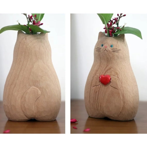 Vase décoratif en Bois - Vase en forme de chat fait à la main | Bois massif - Lysea™