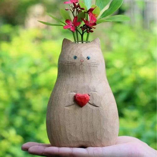 Vase décoratif en Bois - Vase en forme de chat fait à la main | Bois massif - Lysea™
